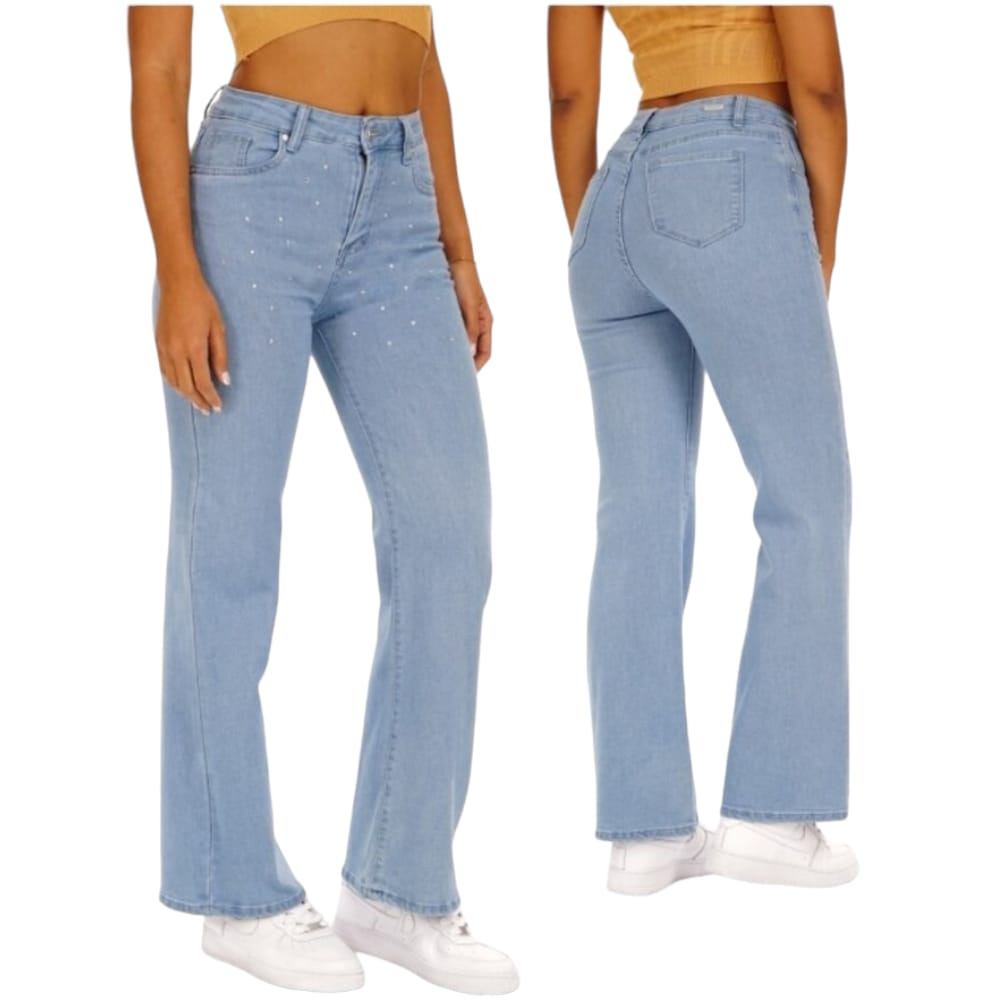 JEANS ANCHO CON PIEDRAS BRILLANTES Pague Menos