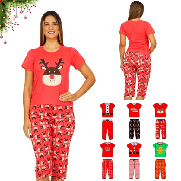 Conjunto Pijama Navideña Camiseta Manga Corta + Capri P/Dama