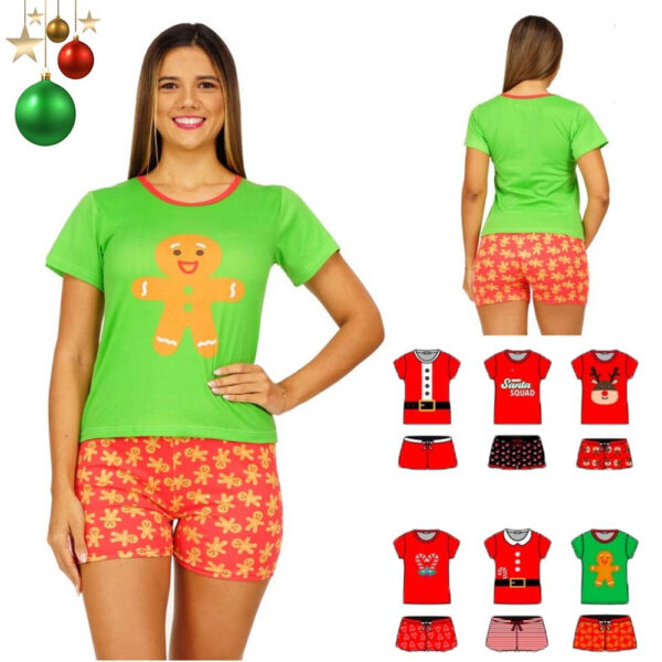 Conjunto Pijama Navideña Camiseta Manga Corta + Short P/Dama